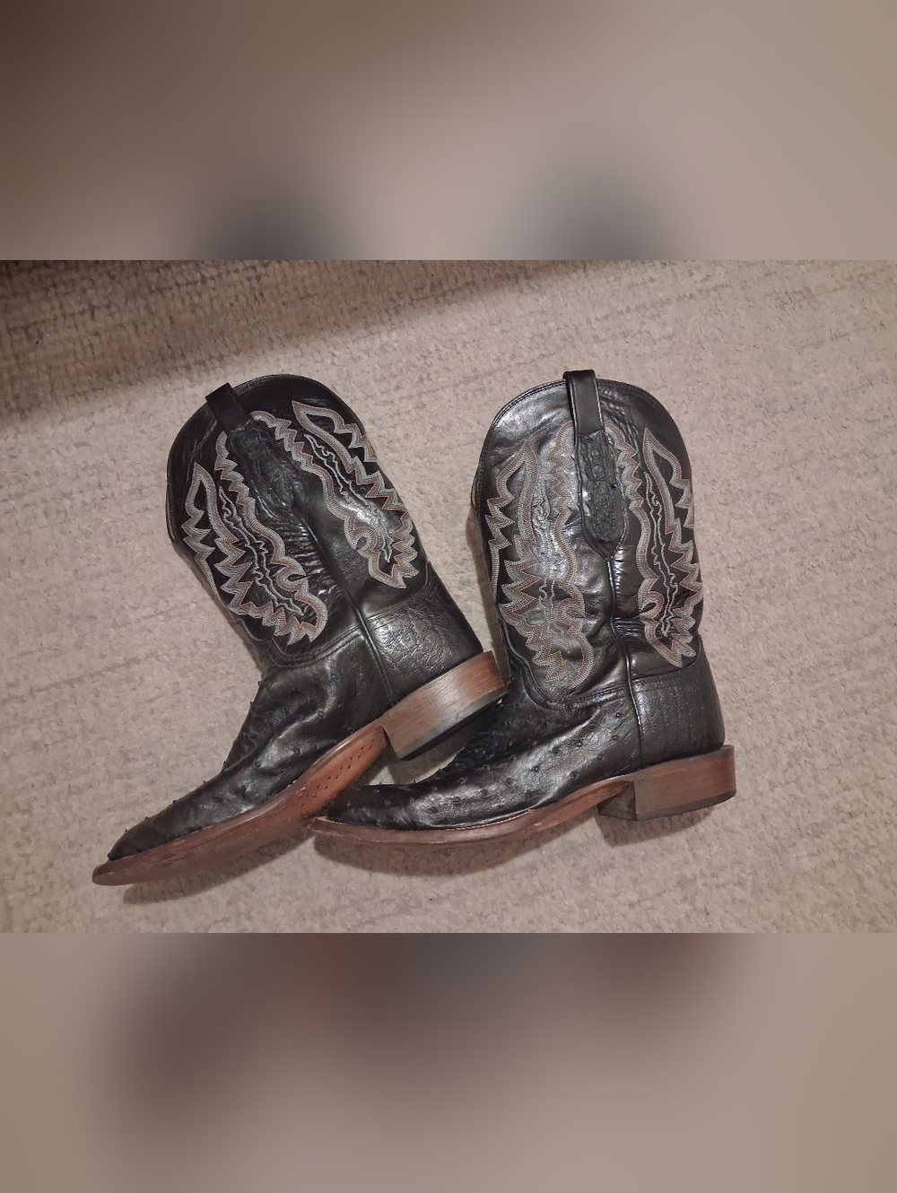LUCHHESE OSTRICH EXOTIC SQUARE TOE BLACK BOOTS